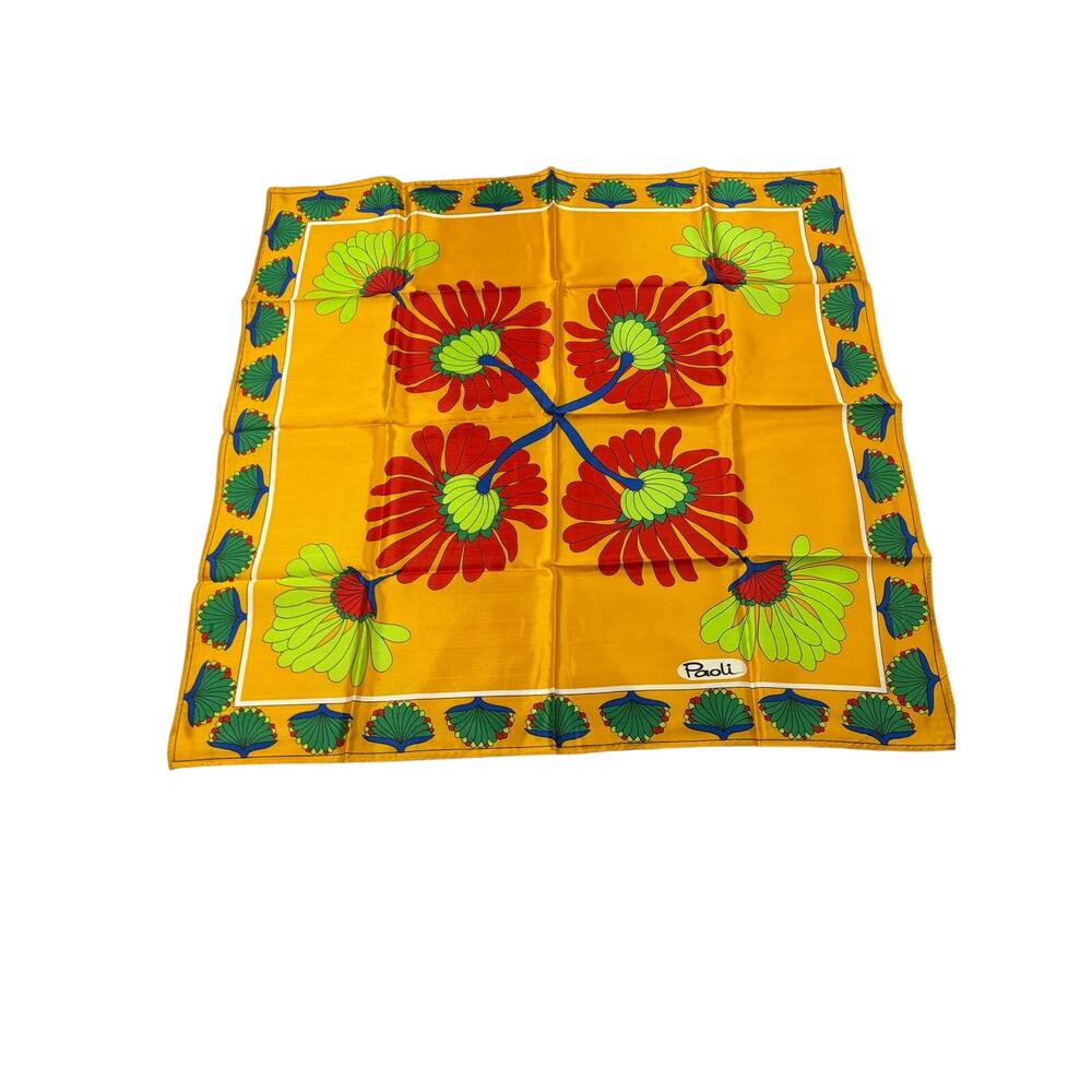 VTG Paoli mustard scarf, green blue red floral design. 27" square. vintage MCM